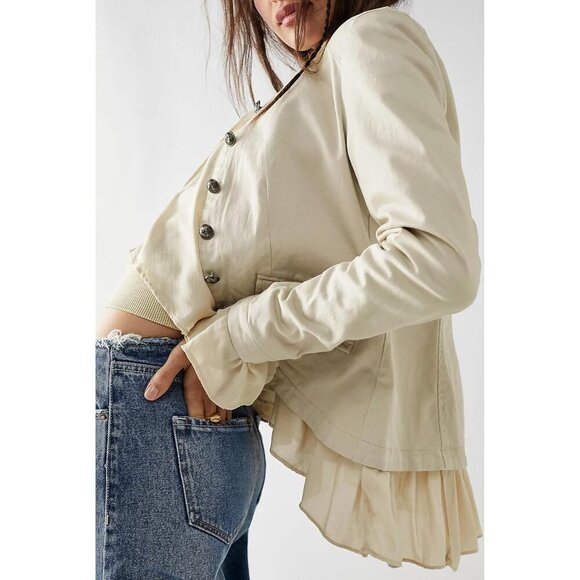 Women’s Beige Casual Ruffle Steampunk Blazer High Low Hem Cotton Jacket - Picture 5 of 7